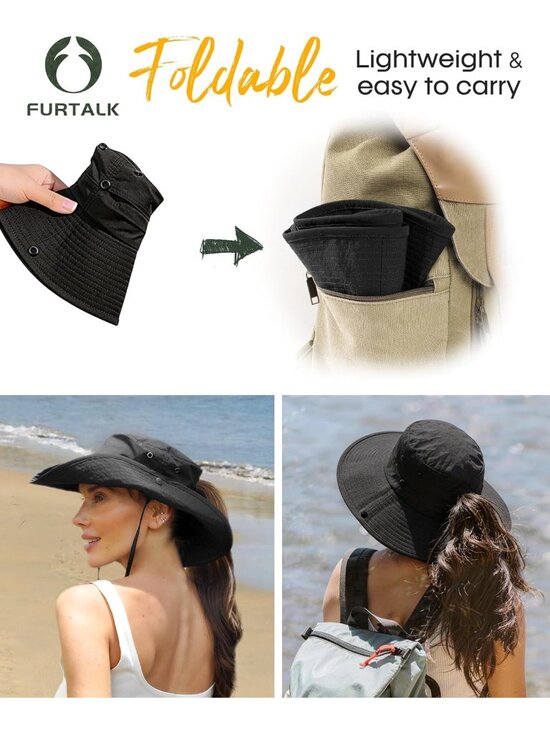 〽️Women Black Ponytail UPF 80+ Wide Brim Packable Cowboy Hat Beach Sun Hat main image 7